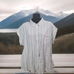 Thread & Supply LG White Striped Short Sleeve Button Down Linen Blend Shirt